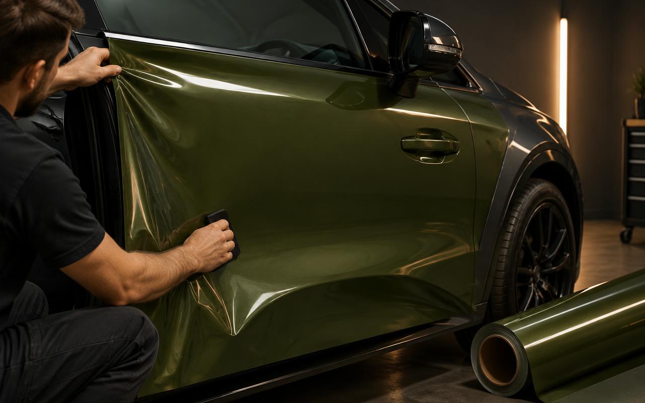 تركيب فيلم تغيير لون أخضر داكن على باب سيارة في ورشة